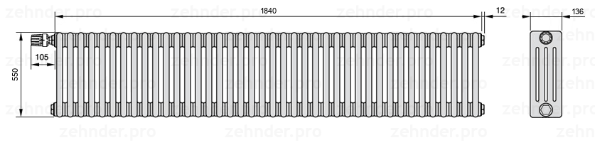 Схема (чертеж) Радиатор Zehnder Charleston 4055/40 №V011 Белый глянцевый RAL 9016